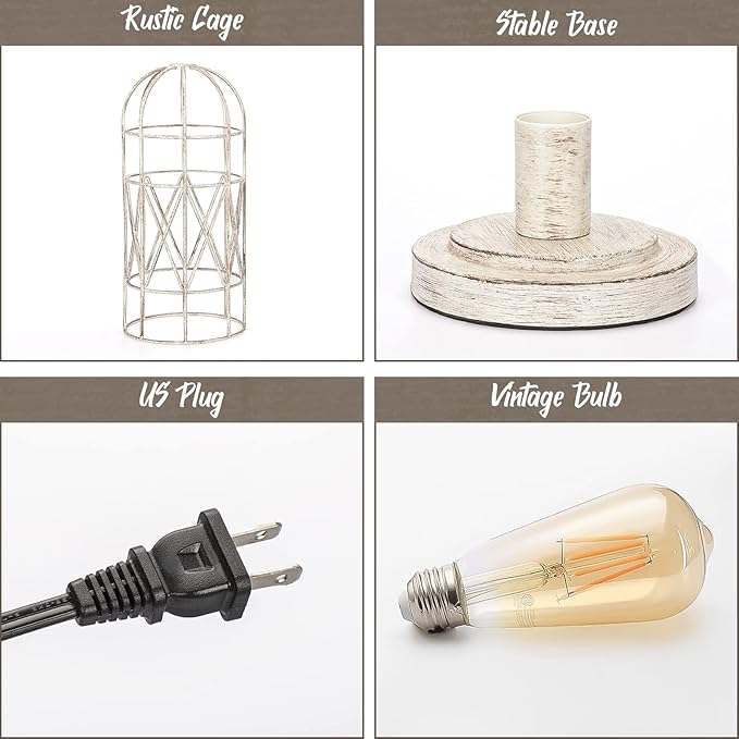 Small Table Lamp, Touch Control Table Lamp with Brushed White Oak Cage, Farmhouse Bedside Lamp 3-way Dimmable Nightstand Lamp Edison Lamp for Bedroom, Living Room, Hallway, Kitchen, LED Bulb Included - LeafyLoom