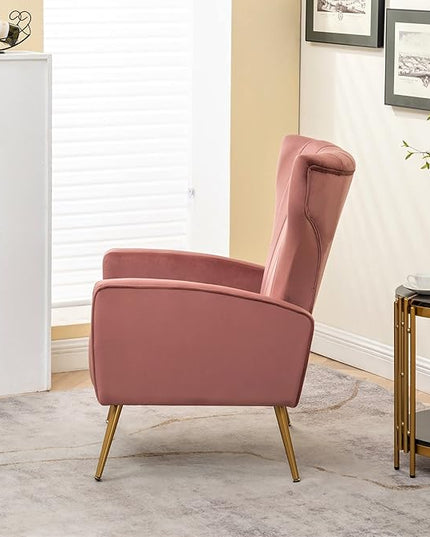 Armchair Modern Velvet Accent Chair, Channel Tufted Bedroom, Office or Living Room Furniture with Elegant Metal Legs, Rose - LeafyLoom