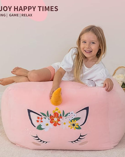 Aubliss Unicorn Stuffed Animal Storage Bean Bag Chair for Kids, Velvet Extra Soft Beanbag Chairs Cover, X-Large Stuffable Zipper Bean Bag for Organizing Plush Toys Girls Bedroom Decor, Pink Floral - LeafyLoom