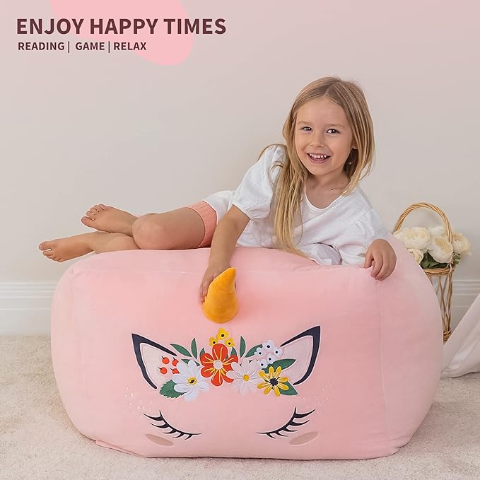 Aubliss Unicorn Stuffed Animal Storage Bean Bag Chair for Kids, Velvet Extra Soft Beanbag Chairs Cover, X-Large Stuffable Zipper Bean Bag for Organizing Plush Toys Girls Bedroom Decor, Pink Floral - LeafyLoom