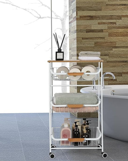 Kitchen Storage Rolling Cart on Wheels, 4 Tier Metal Rolling Utility Cart Mesh Basket Pantry Cart Rack with Wooden Tabletop for Fruit Vegetable Onion Potato Storage, White - LeafyLoom
