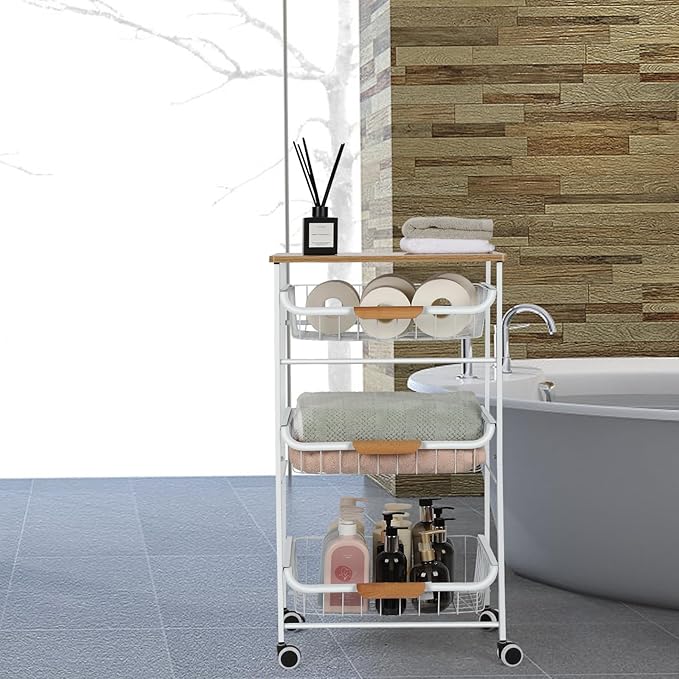 Kitchen Storage Rolling Cart on Wheels, 4 Tier Metal Rolling Utility Cart Mesh Basket Pantry Cart Rack with Wooden Tabletop for Fruit Vegetable Onion Potato Storage, White - LeafyLoom