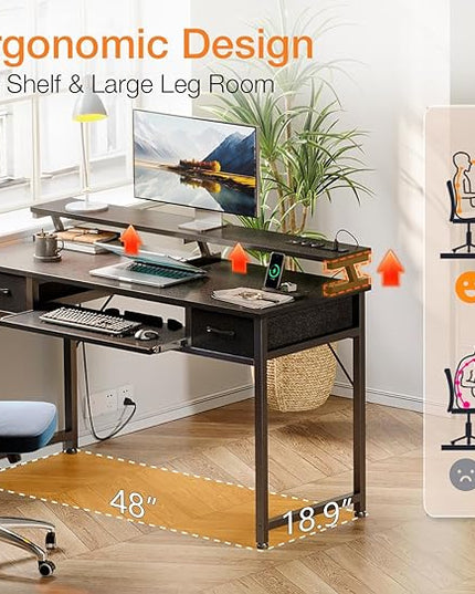 ODK Computer Desk with Drawers, 48 Inch Gaming Desk with Power Outlet, Office Desk with Keyboard Tray, Study Table Work Desk with Monitor Shelf, Writing Desk PC Desk for Home Office, Black - LeafyLoom