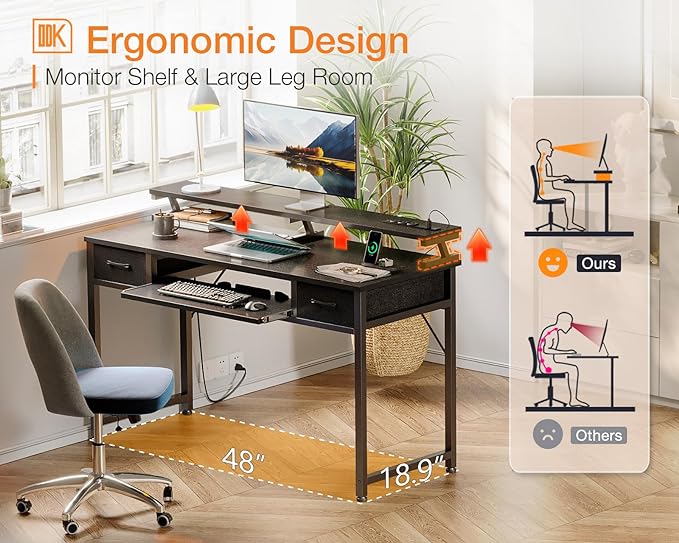 ODK Computer Desk with Drawers, 48 Inch Gaming Desk with Power Outlet, Office Desk with Keyboard Tray, Study Table Work Desk with Monitor Shelf, Writing Desk PC Desk for Home Office, Black - LeafyLoom