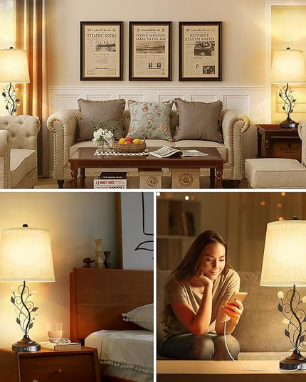 24.5in Farmhouse Table Lamps for Living Room Set of 2, Rustic Lamps for Bedroom with 2 USB Charging Ports, Traditional Bedside Lamps for Nightstand Retro Vine Leaf Lamps for End Table Reading - LeafyLoom