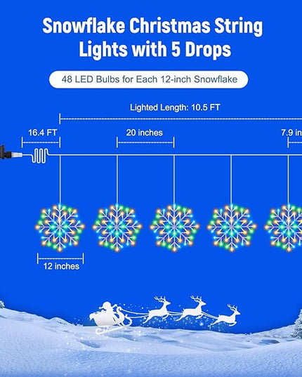 Christmas Snowflake Icicle Lights Outdoor - Plug-in 10.5ft 5 Drops 240LED Snowflake Window Lights with 8 Modes, Hanging Lights for Indoor Outdoor Porch Eaves Rooftops Christmas Decor, Multicolor Brightown