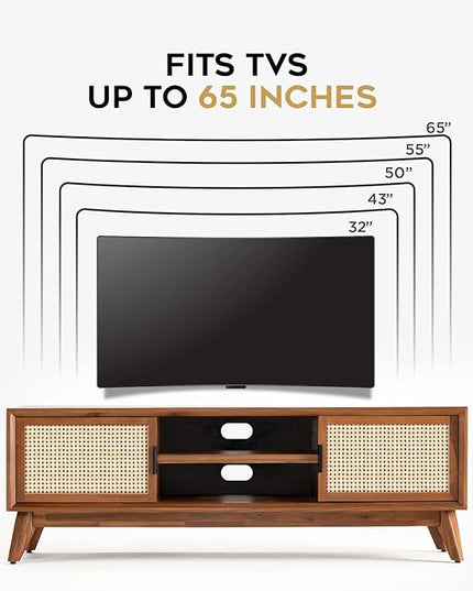Bme Jasper Premium Solid Wood, 10 Minutes Assembly (Legs Only), Aesthetic Rattan Doors, Mid Century Entertainment Center for Living Room, TV Stand for 65" TV, Dark Chocolate - LeafyLoom