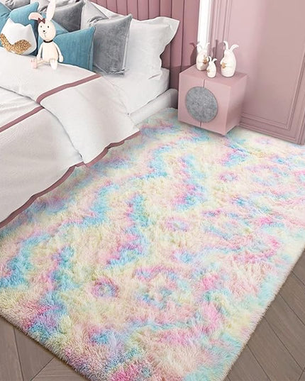 AROGAN Soft Rainbow Area Rugs for Girls Room 4x6 Feet, Fluffy Girls Bedroom Rugs, Princess Rug, Cute Colorful Carpet for Kids Teens Nursery Toddler, Pink - LeafyLoom
