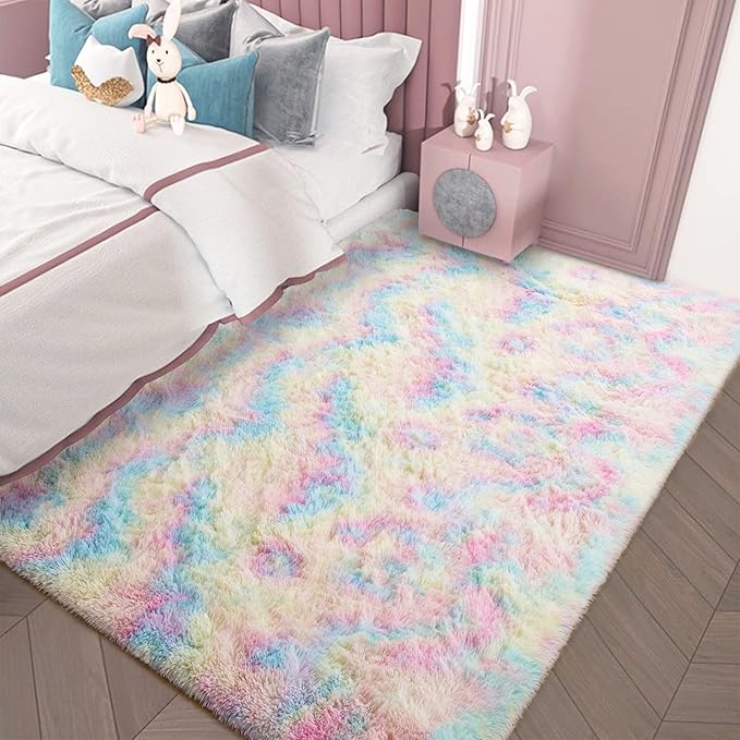 AROGAN Soft Rainbow Area Rugs for Girls Room 4x6 Feet, Fluffy Girls Bedroom Rugs, Princess Rug, Cute Colorful Carpet for Kids Teens Nursery Toddler, Pink - LeafyLoom