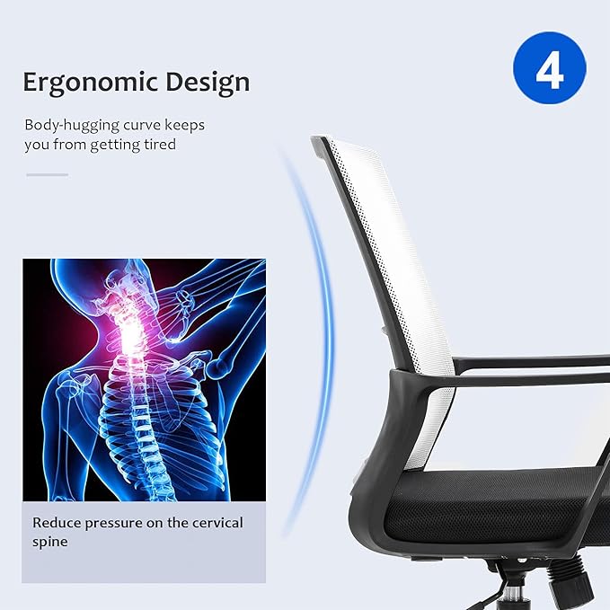 Office Chair Ergonomic Desk Task Chair Mesh Computer Chair Mid-Back Mesh Home Office Swivel Chair Modern Executive Chair with Wheels Armrests Lumbar Support(White) - LeafyLoom
