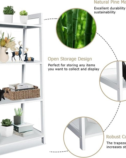ECOMEX 4-Tier Ladder Shelf, Solid Pine Frame, 20 lbs Capacity per Partition, Modern Style, Home Office, Bedroom (White) - LeafyLoom