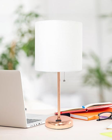 Simple Designs LT1144-RGD Sleek and Slender Rose Gold Table Lamp with Charging Outlet, for Bedroom, Living Room, Entryway, Office, Dining Room, Study, White Shade - LeafyLoom