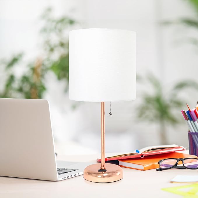 Simple Designs LT1144-RGD Sleek and Slender Rose Gold Table Lamp with Charging Outlet, for Bedroom, Living Room, Entryway, Office, Dining Room, Study, White Shade - LeafyLoom