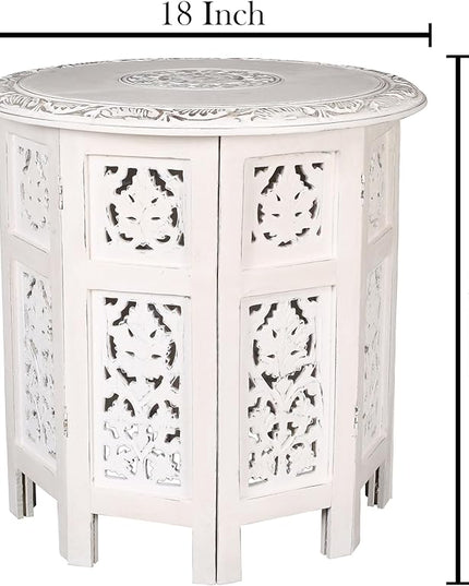 Round Side Table,Small Table, Round End Table,Side Table, Side Tables Living Room,End Table,Altar Table, Carved Side Table,Wood Accent Table,Carved Wood Table 18" Round Top x 18" High White Antique - LeafyLoom