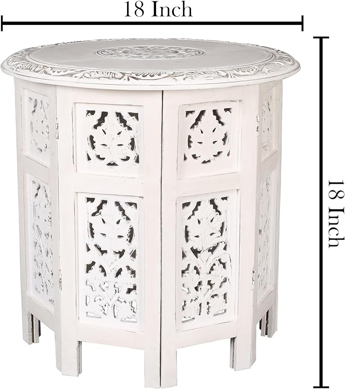 Round Side Table,Small Table, Round End Table,Side Table, Side Tables Living Room,End Table,Altar Table, Carved Side Table,Wood Accent Table,Carved Wood Table 18" Round Top x 18" High White Antique - LeafyLoom
