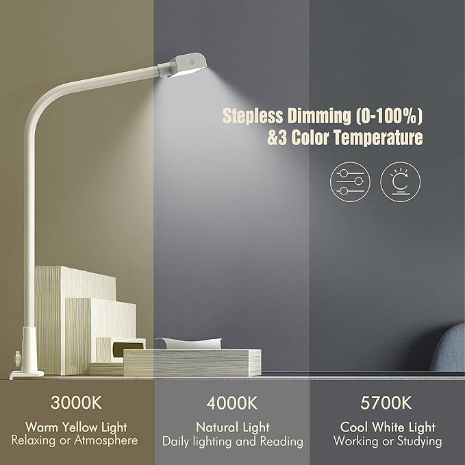 LED Desk Lamp with Clamp, 10W Desk Lamps for Home Office, Eye-caring Computer Monitor Light, 3 Color Modes, Dimmable & Touch Control, Architect Desk Light for Drawing,Workbench-1000LM,White - LeafyLoom