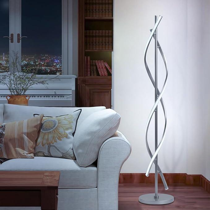 LED Floor Lamps for Living Room, Silver Modern Floor Lamp for Bedroom 60 Inch Spiral Floor Lamp 34W Dimmable 3 Color Temperature Standing Lamp with Timer Corner Floor Lamps for Living Room Clearance - LeafyLoom
