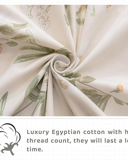 QSH Floral King Size Sheet Sets - 100% Egyptian Cotton Floral Bedding Sheets Yellow Green Leaves Flower Pattern Printed Bedding King Size Bed Sheets 17.5" Extra Deep Pocket 4pcs - LeafyLoom