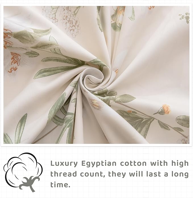 QSH Floral King Size Sheet Sets - 100% Egyptian Cotton Floral Bedding Sheets Yellow Green Leaves Flower Pattern Printed Bedding King Size Bed Sheets 17.5" Extra Deep Pocket 4pcs - LeafyLoom