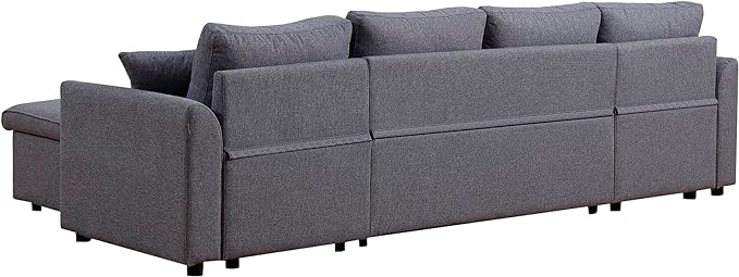 U Shaped Convertible Sectional Sofa with Double Chaise and Pull Out Bed , Fabric Upholstered Reversible Corner Couch Sleeper Sofabed w/ Storage , 5 Seater Sofacama with Throw Pillows for Living Room - LeafyLoom