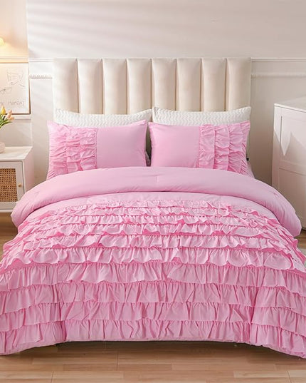 A Nice Night Waterfall Flutter Ruffle 3PCS Comforter Set,Chic Ruffled Textured Princess Bedding Set,DarkPink,Queen - LeafyLoom