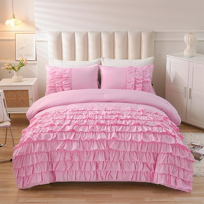 A Nice Night Waterfall Flutter Ruffle 3PCS Comforter Set,Chic Ruffled Textured Princess Bedding Set,DarkPink,Queen - LeafyLoom