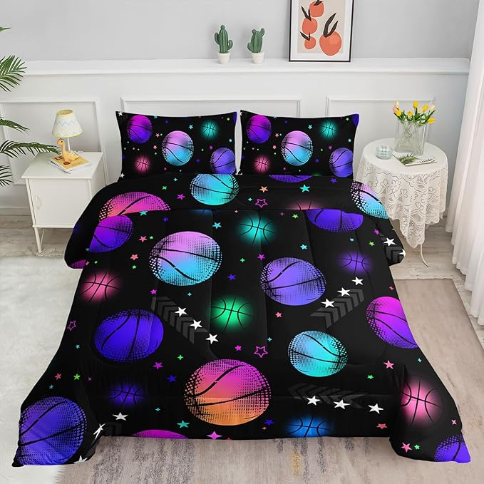 Datura home Kids Comforter Set Glowing Basketball Printed Pattern Bedding Set with 1 Comforter and 2 Pillowcases for Girls Boys Bedroom All Season(Basketball1 Twin) - LeafyLoom