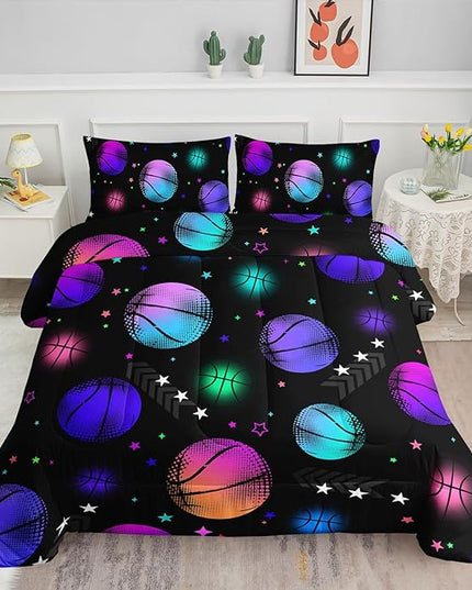Datura home Kids Comforter Set Glowing Basketball Printed Pattern Bedding Set with 1 Comforter and 2 Pillowcases for Girls Boys Bedroom All Season(Basketball1 Full) - LeafyLoom