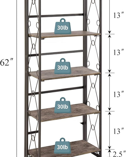 VECELO Folding Bookshelf, 5-Tier Bookcase Foldable, Industrial Tall Book Shelf Storage Organizer with Collapsible Metal Frame for Living Room/Home Office,Light Brown,1 Set - LeafyLoom