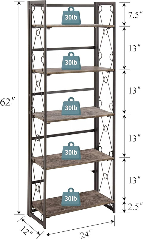 VECELO Folding Bookshelf, 5-Tier Bookcase Foldable, Industrial Tall Book Shelf Storage Organizer with Collapsible Metal Frame for Living Room/Home Office,Light Brown,1 Set - LeafyLoom