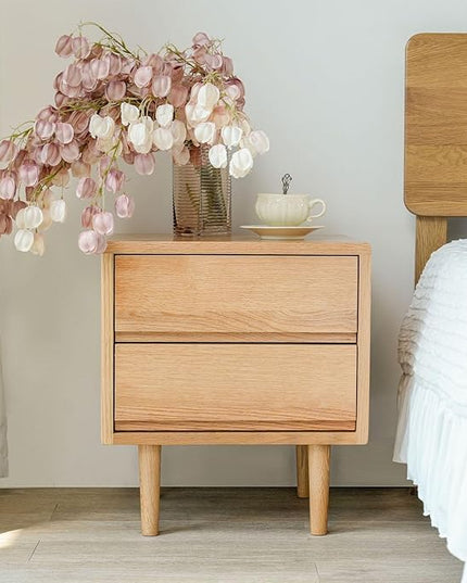 Night Stand, Mid Century Modern Nightstand w/2 Drawers, Boho Nightstand, Small Nightstand, Oak Bedroom Nightstand, Solid Wood Bedside Table, 17.72 W x 15.75 D x 19.69 H Inches(Natural) - LeafyLoom