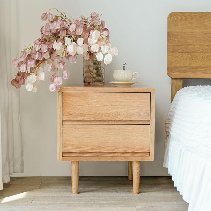 Night Stand, Mid Century Modern Nightstand w/2 Drawers, Boho Nightstand, Small Nightstand, Oak Bedroom Nightstand, Solid Wood Bedside Table, 17.72 W x 15.75 D x 19.69 H Inches(Natural) - LeafyLoom