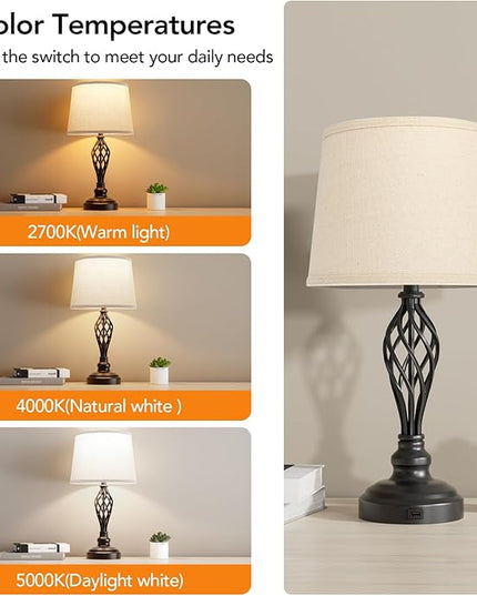 PARTPHONER Set of 2 Table Lamps with USB Port, Farmhouse Bedside Lamps with 3-Color Temperature, Nightstand Lamp Large Cream Drum Shade Spiral Cage Base Desk Lamps for Living Room, Home Bedroom - LeafyLoom
