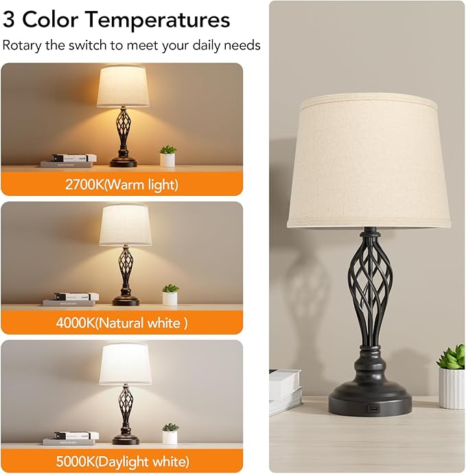 PARTPHONER Set of 2 Table Lamps with USB Port, Farmhouse Bedside Lamps with 3-Color Temperature, Nightstand Lamp Large Cream Drum Shade Spiral Cage Base Desk Lamps for Living Room, Home Bedroom - LeafyLoom