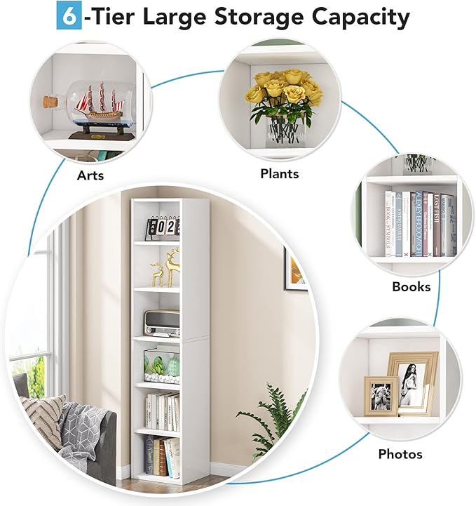 70.9 Inch Tall Narrow Bookcase, Corner Bookshelf 6 Tier Cube Display Shelf Storage Organizer for Small Space, White - LeafyLoom