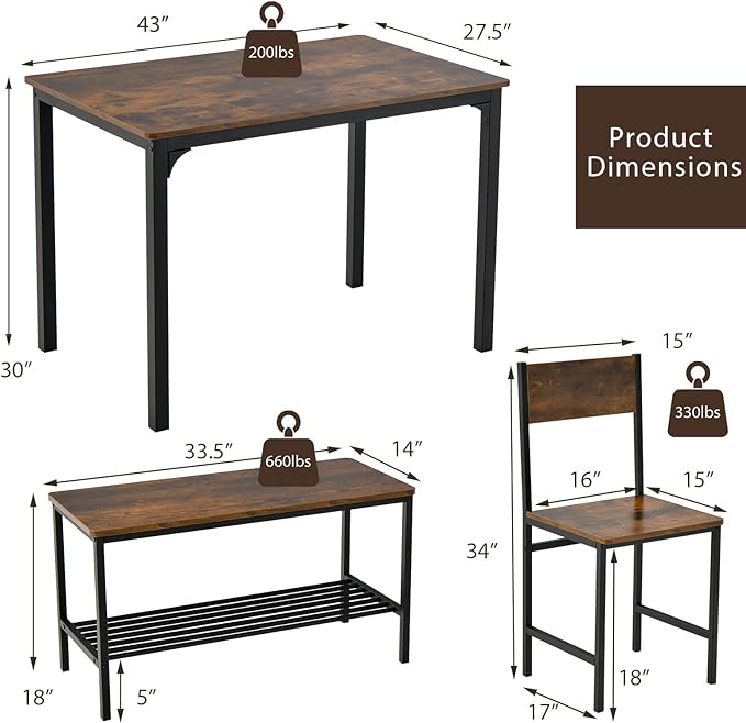 Moccha Dining Table Set for 4, Wooden Kitchen Table with with 2 Chairs and a Long Bench, Modern 4-Piece Dinette with Metal Frame & Storage Rack, Space-Saving Table Set for Dining Room, Rustic Brown - LeafyLoom