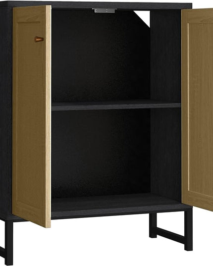 Panana Rattan Decorated 2 Doors Storage Cabinet Accent Cabinet Living Room Cupboard Kitchen Sideboard Buffet Table (Black Cabinet) - LeafyLoom