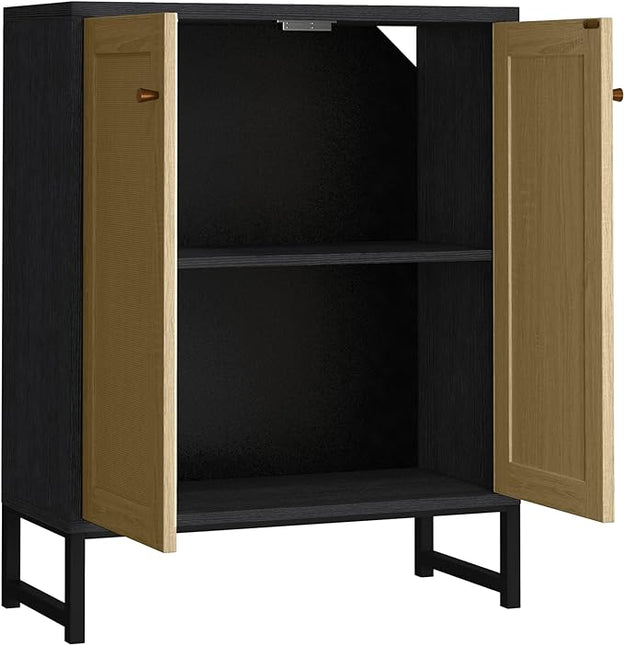 Panana Rattan Decorated 2 Doors Storage Cabinet Accent Cabinet Living Room Cupboard Kitchen Sideboard Buffet Table (Black Cabinet) - LeafyLoom