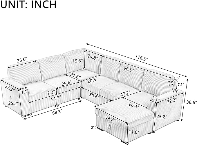 6 Seater U Shaped Oversized Reversible Sleeper Sectional Sofa Pull Out Couch Bed with Right Hand Facing Chaise and USB Ports , Corduroy Upholstered Convertible Corner Sofabed Sofacama for Living Room - LeafyLoom