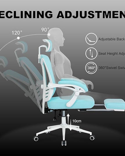 Vonesse Ergonomic Office Chair with Headrest Computer Mesh Office Chair with Footrest Big and Tall Office Chair High Back Comfortable Home Office Chair for Heavy People Desk Chair Teal/Cyan - LeafyLoom
