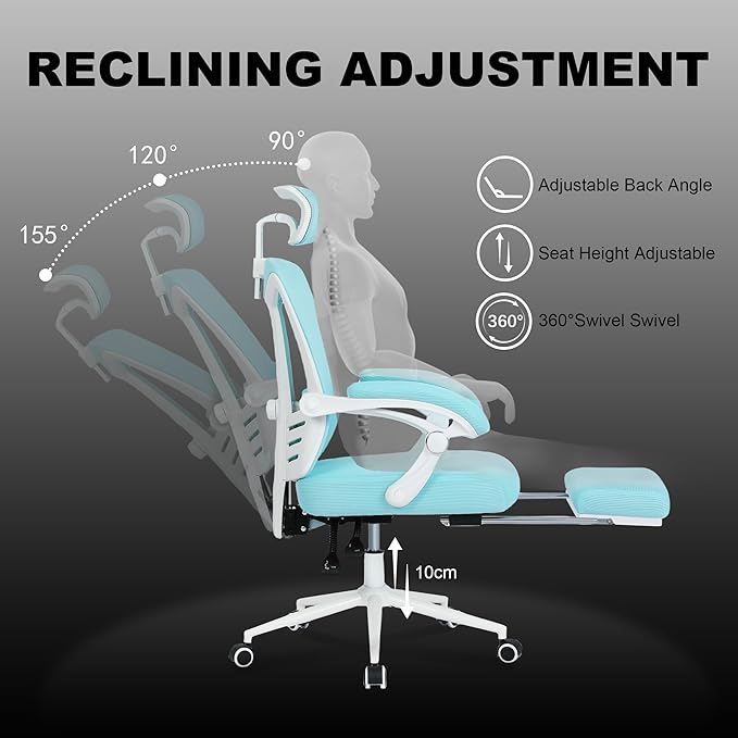 Vonesse Ergonomic Office Chair with Headrest Computer Mesh Office Chair with Footrest Big and Tall Office Chair High Back Comfortable Home Office Chair for Heavy People Desk Chair Teal/Cyan - LeafyLoom
