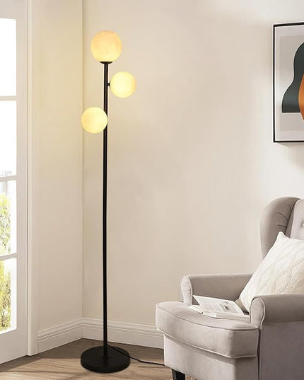 3 Globe Floor Lamps for Living Room, Black Standing Lamp with LED G9 Bulbs, Modern Floor Lamp with 3D Moon Printing Frosted Shades, 67" Corner Tall Lamp for Bedroom, Stand Up Lamp for Office Kids Room - LeafyLoom