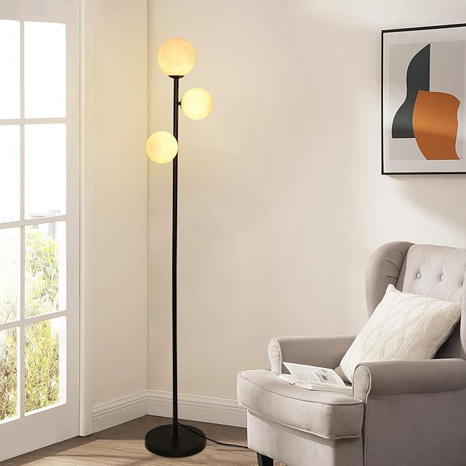 3 Globe Floor Lamps for Living Room, Black Standing Lamp with LED G9 Bulbs, Modern Floor Lamp with 3D Moon Printing Frosted Shades, 67" Corner Tall Lamp for Bedroom, Stand Up Lamp for Office Kids Room - LeafyLoom
