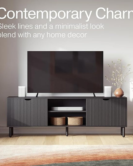 Contemporary Fluted TV Stand - Media Console - 70 Inch Entertainment Center with Storage - Console Table for Living Room and Bedrooms - Supports 32 to 80" TVs - Soft-Close Cabinet Doors (Black) - LeafyLoom