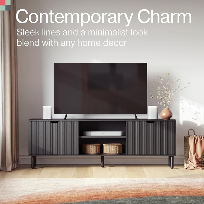 Contemporary Fluted TV Stand - Media Console - 70 Inch Entertainment Center with Storage - Console Table for Living Room and Bedrooms - Supports 32 to 80" TVs - Soft-Close Cabinet Doors (Black) - LeafyLoom