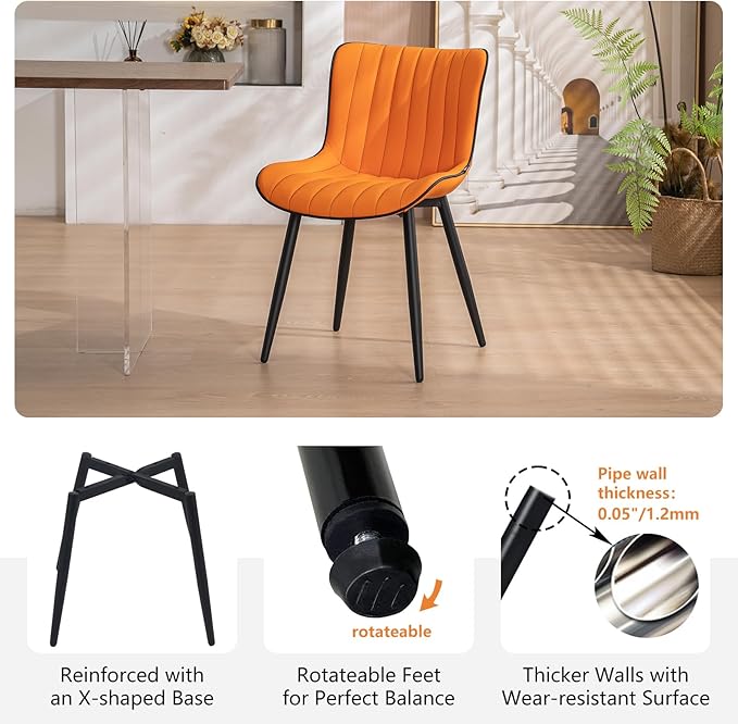 YOUNUOKE Orange Dining Chairs Set of 2 Upholstered Mid Century Modern Kitchen Chair Armless Faux Leather Accent Guest Side Chair with Back and Metal Legs for Living Reception Waiting Room Bedroom - LeafyLoom