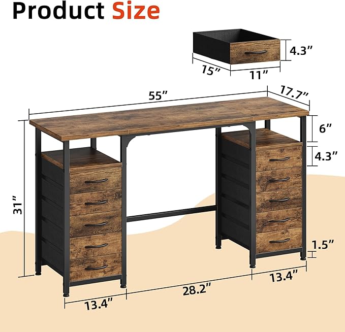 Desk with 10 Fabric Drawers Classified Organizer - 55"/140 Office Desks with Ample Storage, Computer Work Desk Study Writing Table Workstation for Home Office Space Brown - LeafyLoom