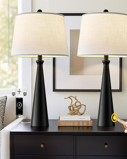 Oneach 25.75" Table Lamps Set of 2 for Living Room Bedroom, Bedside Lamp 3-Way Dimmable Touch Control, Modern Black Nightstand Light Fabric Shade Vintage Accent Style - LeafyLoom