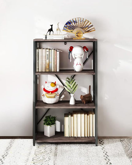 Bookshelf,4-Tier Folding Bookcase,Industrial Book Shelf,Rustic Wood Storage Shelves,Tall Bookshelf,Shelves For Bedroom,Office,Kitchen,Living Room,Study Room,No Assembly Folding Bookshelf,Black - LeafyLoom