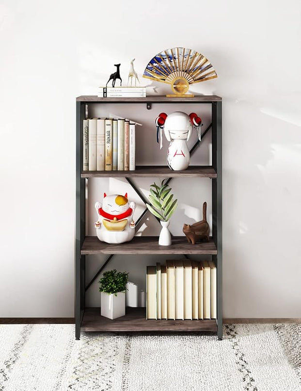 Bookshelf,4-Tier Folding Bookcase,Industrial Book Shelf,Rustic Wood Storage Shelves,Tall Bookshelf,Shelves For Bedroom,Office,Kitchen,Living Room,Study Room,No Assembly Folding Bookshelf,Black - LeafyLoom